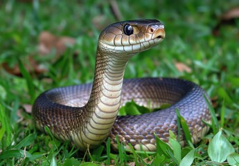 Fototapeta premium Close-Up View of a Beautiful Snake with Glimmering Scales in a Lush Green Environment Surrounded by Vibrant Grass and Leaves