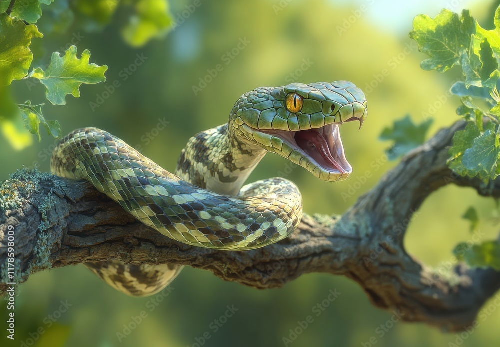 Poster close-up view of a colorful green snake with open mouth displaying fangs on a tree branch surrounded