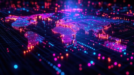 Fototapeta premium A vibrant digital representation of a world map with glowing nodes and connections.