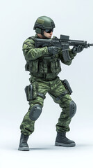 Fototapeta premium 3D, Military, A full-body modern soldier in a green uniform, holding an assault rifle and standing in a sideways pose on a white background, with no text or logo.