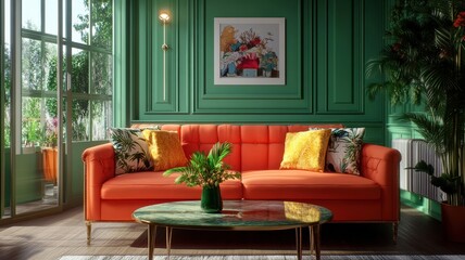 Obraz premium Stylish 3D Rendering of a Modern Vintage Living Room with Elegant Decor and Cozy Atmosphere