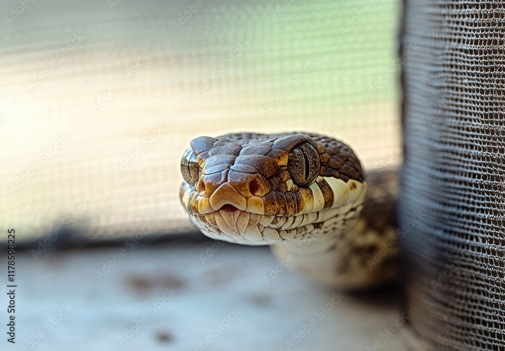 Poster close-up view of a colorful snake peering out from behind a mesh screen in natural light with a beau