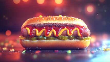 A classic hot dog with mustard, ketchup, and relish, against a festive background.