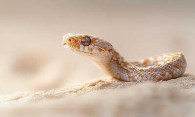 Obraz premium Close-up View of a Desert Snake with Unique Orange and White Patterns Against a Soft Sandy Background, Capturing Every Detail of Its Scales and Texture