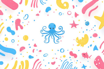 Cute blue octopus surrounded by colorful abstract shapes and marine elements