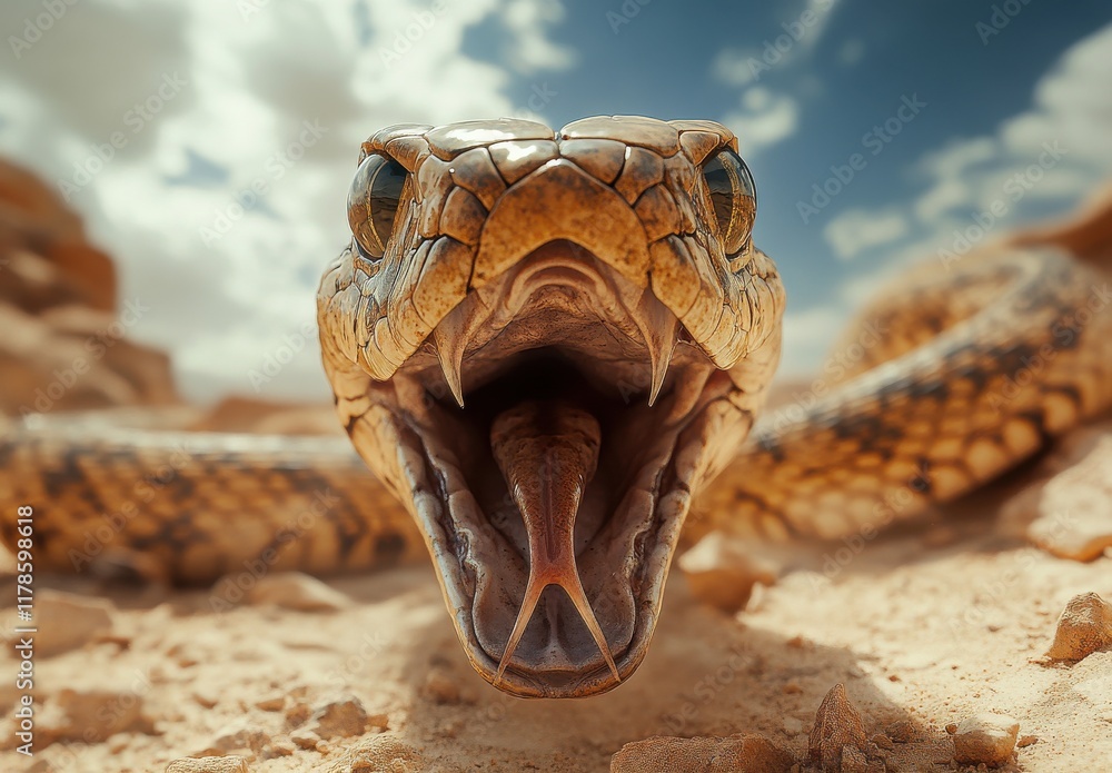 Aufkleber close-up view of a large snake with mouth open, displaying fangs and tongue in a desert landscape un