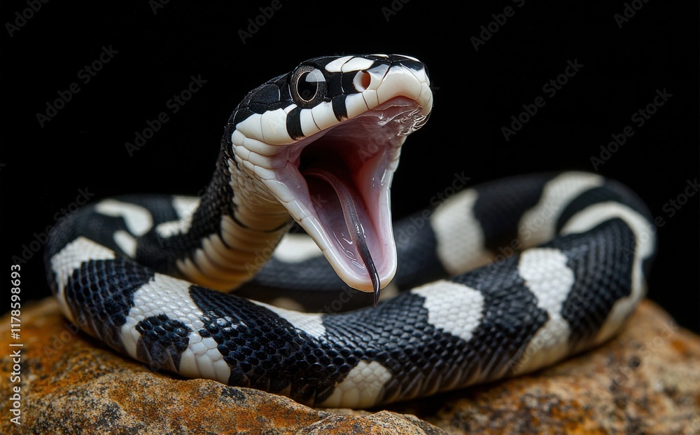 Poster close-up view of a majestic snake displaying aggressive posture with open mouth on a rock surface ag