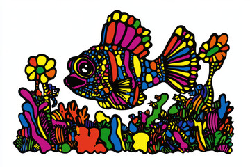 Colorful fish illustration swimming among vibrant plants and flowers