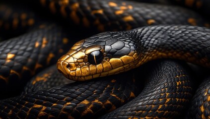 Obraz premium Close-Up View of a Majestic Black and Gold Snake Coiled Comfortably, Showcasing Intricate Scales and Detailed Features in a Natural Habitat Setting