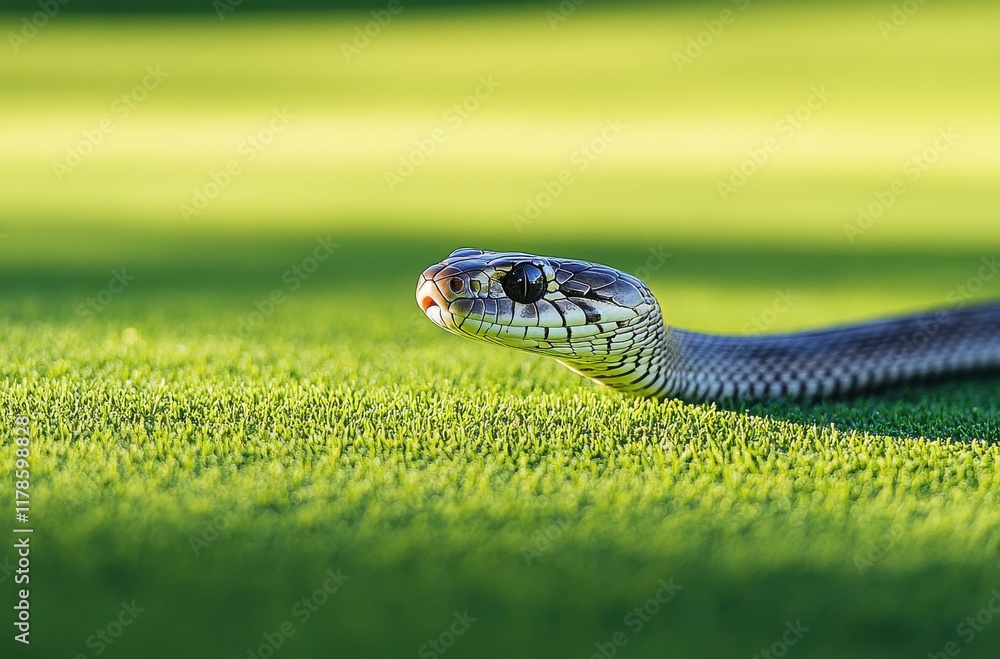 Poster close-up view of a snake slithering on lush green grass under natural light, capturing the intricaci