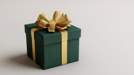 A single green gift box tied with a golden ribbon and adorned with a perfect gold bow, showcased against a plain white background.