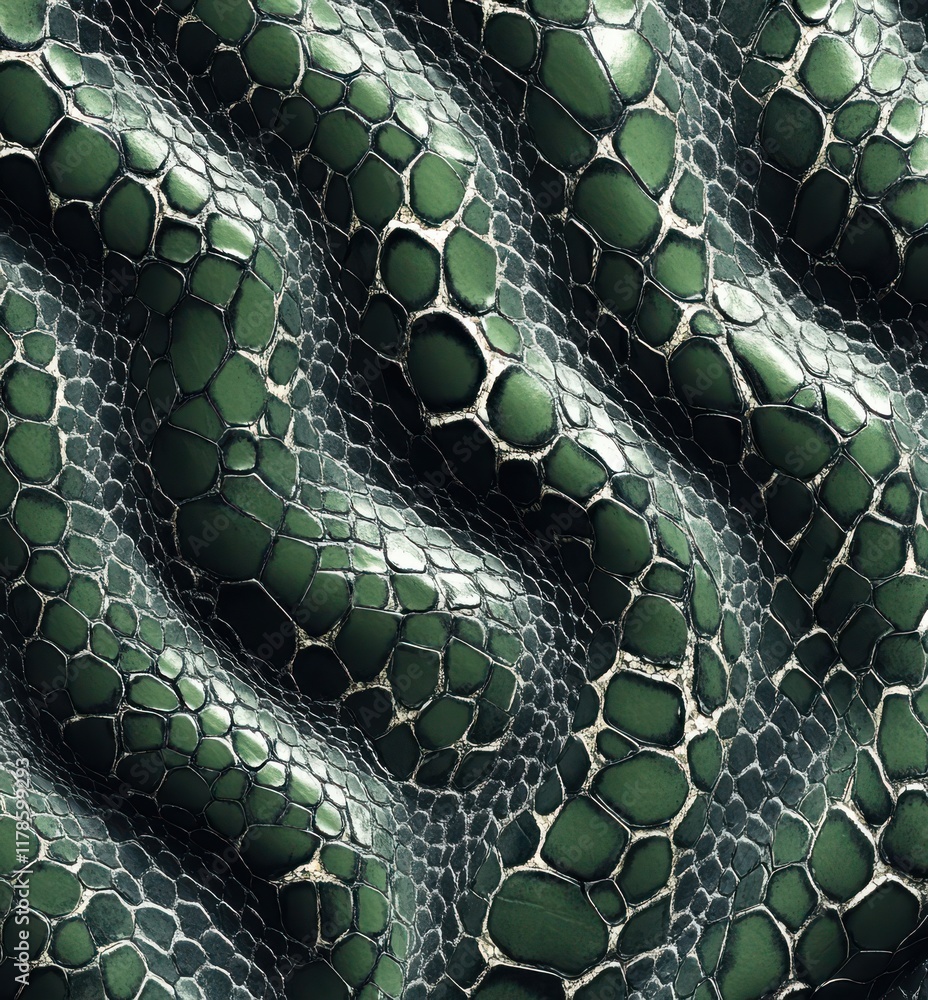 Poster close-up view of intricate green skin texture with scales, highlighting the unique patterns and text