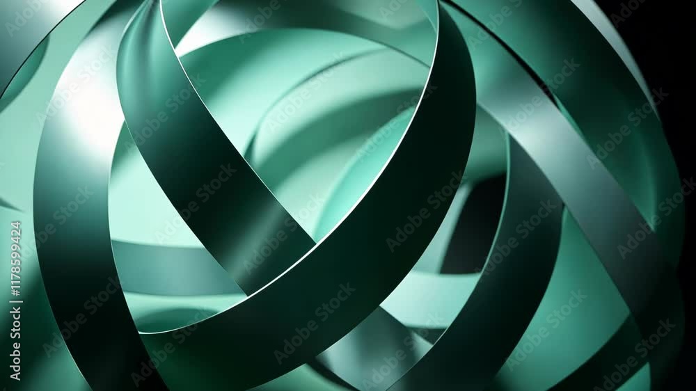 Poster artistic metallic ribbons create an abstract sculpture illuminated in green light highlighting curve