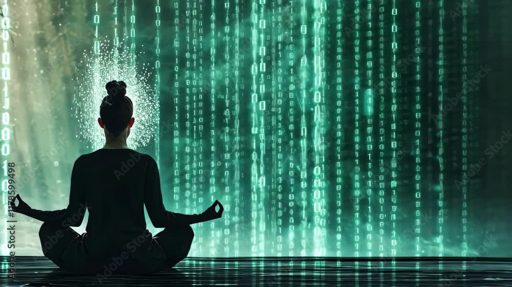 Poster a person is calmly seated in a yoga position in front of a massive wall filled with data, video of a