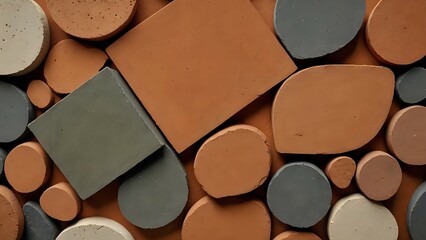 Rustic design featuring rough textures, geometric shapes, and warm earthy tones like terracotta, olive green, charcoal gray, and soft cream