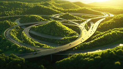Aerial view of a multi-level highway interchange surrounded by lush green fields and trees.