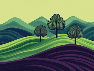 A stylized landscape featuring rolling hills, vibrant colors, and abstract trees against a soft background.
