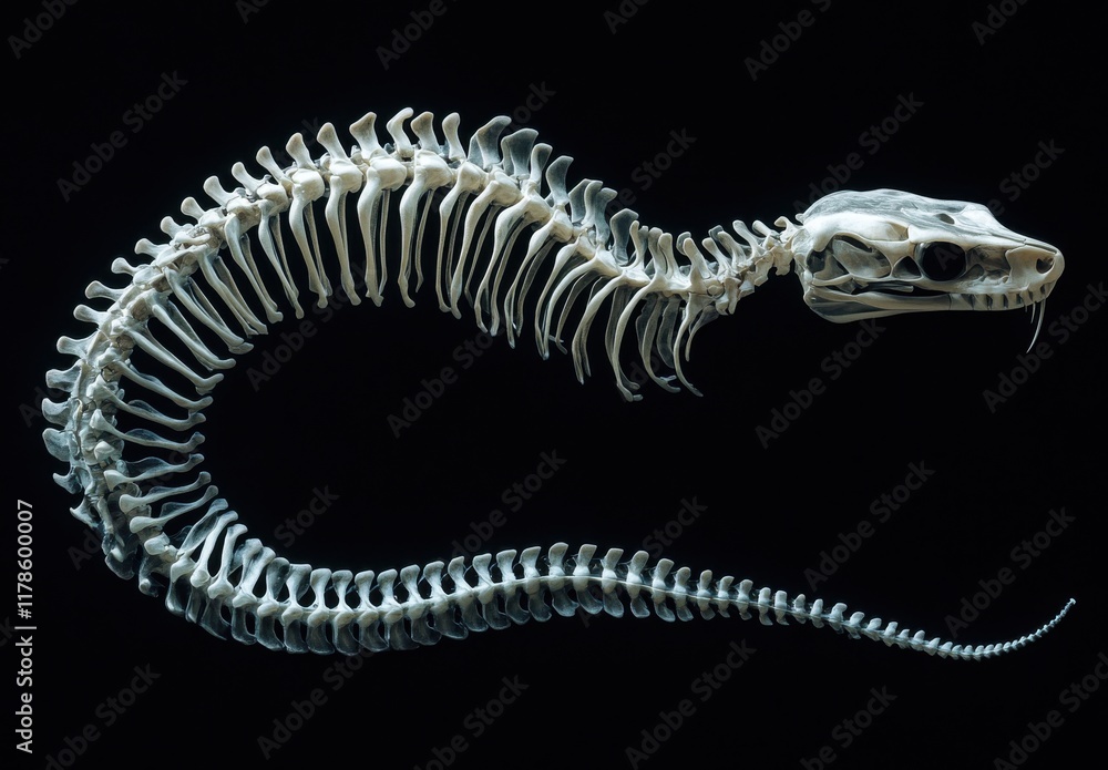 Poster detailed and artistic representation of a snake skeleton in a dark background, showcasing intricate 