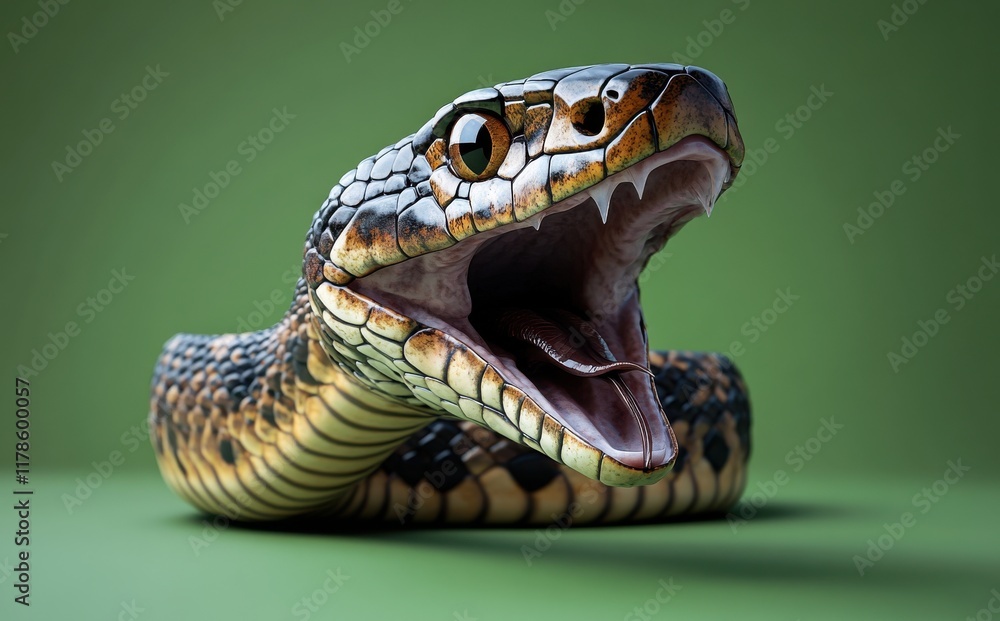 Poster detailed close-up of a brown and yellow scaled snake with mouth open, showcasing intricate scale pat