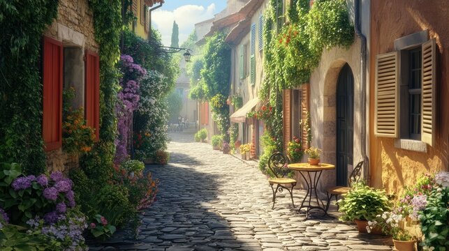 Fototapeta Narrow cobblestone street in a charming European village with yellow and beige stone buildings
