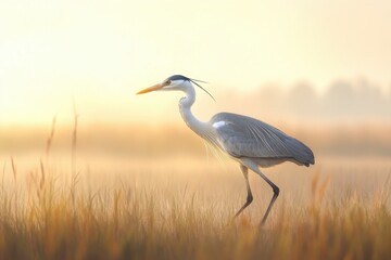 Naklejka premium Grey Heron Walking Through Golden Grassland At Sunrise