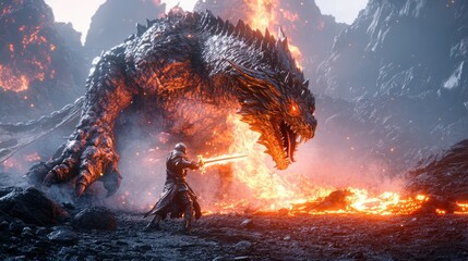 a close up of a dragon attacking a man with a sword