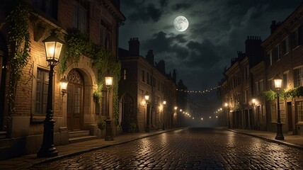 Obraz premium Atmospheric Night in Old European Town with Victorian Architecture V3