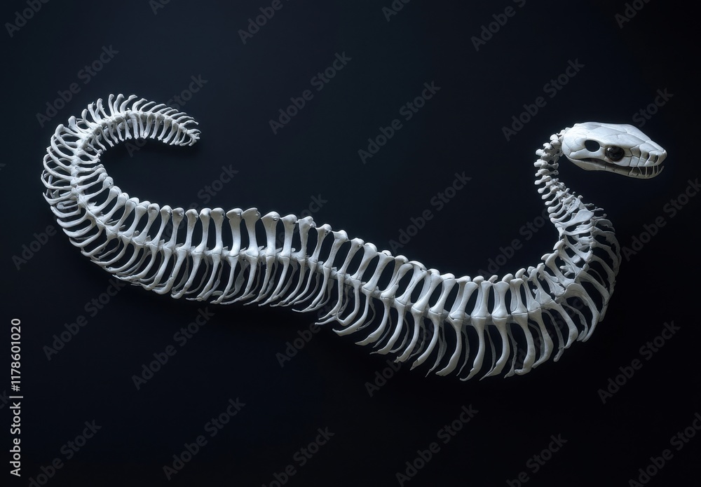 Poster detailed view of a complete snake skeleton on a dark background, featuring intricate bone structures