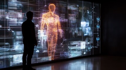 Silhouette of Person with Digital Human Anatomy Visualization Display