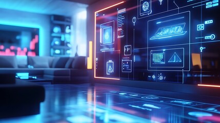 Futuristic Technology Interface with Data Visualization in Modern Room