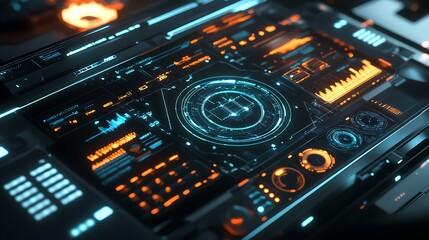 Obraz premium Futuristic Interface Dashboard with Glowing Elements and Data Visualization
