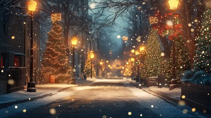 A snowy Christmas Eve city street, where glowing trees are lined up, with soft, blurred holiday lights creating a peaceful, festive ambiance