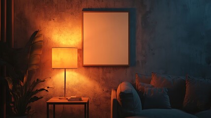A cozy living room featuring a blank frame on a textured wall, warm ambient light from a table lamp, Scandinavian-inspired furniture in light wood, soft plush cushions, the mood serene, minimalist
