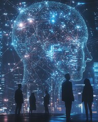 Futuristic Digital Landscape with Silhouetted Figures and Head Concept