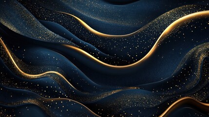 Abstract dark blue and gold wavy background with glitter. (1)