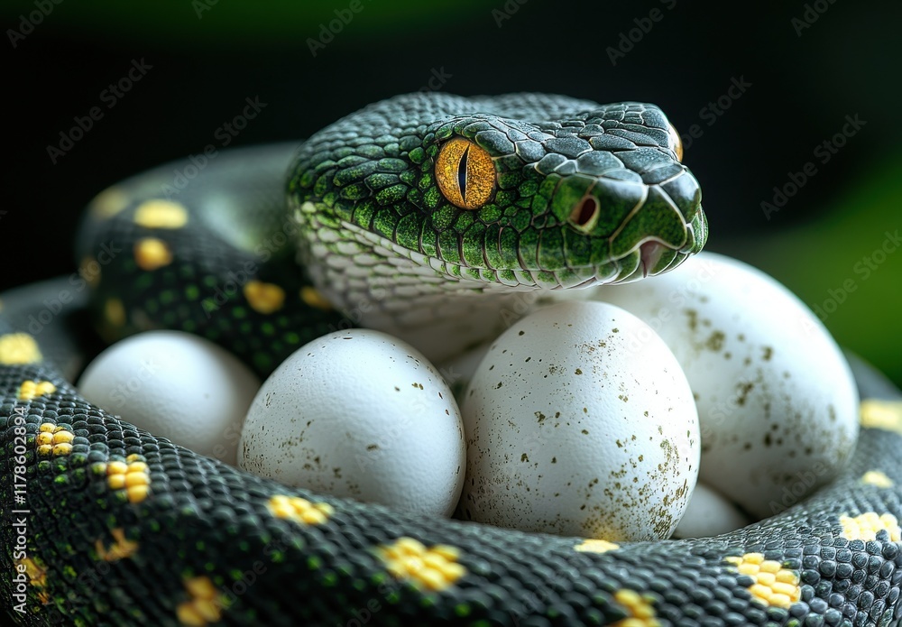 Poster green tree python nesting among white eggs in vibrant natural habitat with lush background and intri