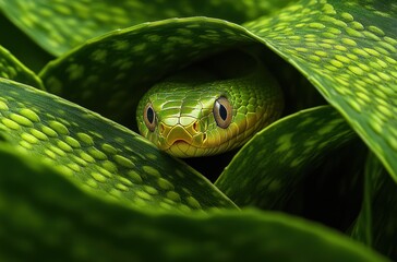Fototapeta premium Green Snake Camouflaged Among Vibrant Green Leaves in a Lush Forest Setting, Exploring Nature's Intricate Patterns and Textures in a Serene Habitat