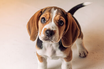 Beagle puppy with big, curious eyes on a white background, ideal for pet products