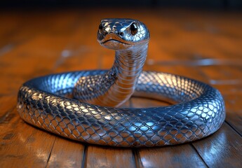 Fototapeta premium Highly Detailed 3D Render of a Metallic Snake Coiled on a Wooden Surface, Showcasing Intricate Scales and Reflective Texture in a Dramatic Lighting Setting