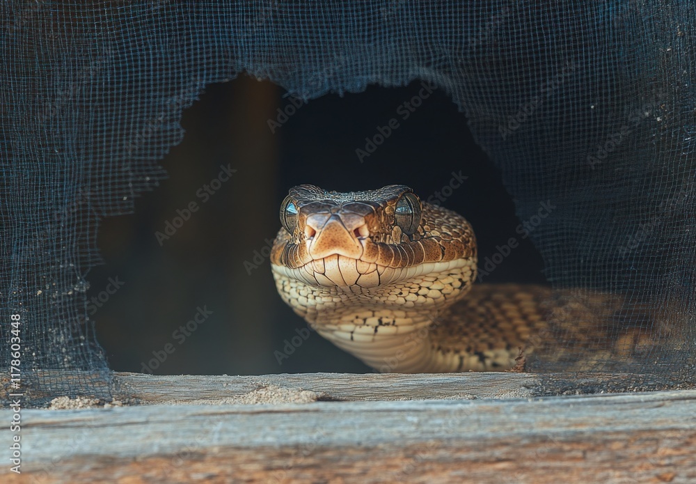 Poster intriguing close-up of a snake peering through a screen with intricate scale details and striking co