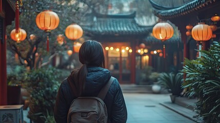 Obraz premium A solo traveler exploring a quiet temple garden during Chinese New Year, surrounded by subtle decorations and the soft glow of lanterns in the evening.