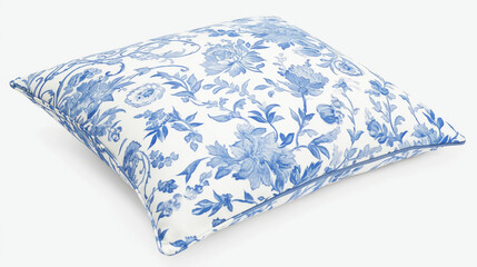 Pillow, A blue and white porcelain-patterned pillow, watercolor illustration style, simple drawing with thick lines, white background, soft shadows, professional photography, high resolution, high de