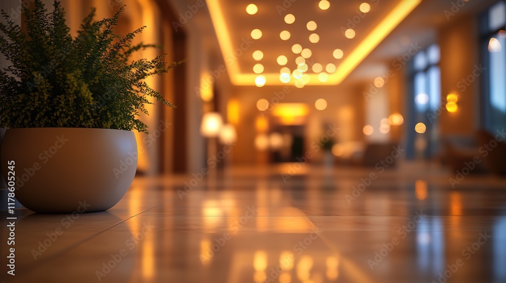 Poster blurred hotel lobby with bookend lights creates a warm and inviting atmosphere, perfect for use as a