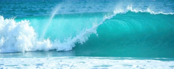 Vibrant turquoise ocean waves crash, white foam crests , sea wave, summer background, coastal scene
