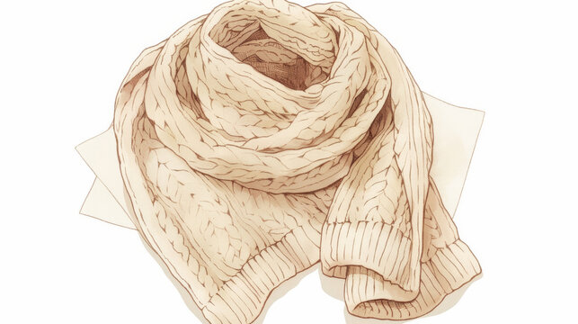 scarf, Illustration of a beige knitted scarf on a white background, created using pencil drawing and watercolor.