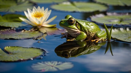 Fototapeta premium Sharp-Snouted Day Frog at Peace on a Water Lily in a Calm Pond