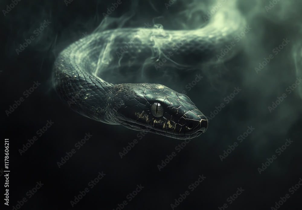 Poster mysterious black snake gliding through dark smoke with striking eyes creating an enigmatic and haunt