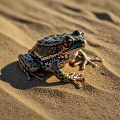 Obraz premium Sharp-Snouted Day Frog Enjoying the Sun, Its Shadow Stretching on the Sandy Ground