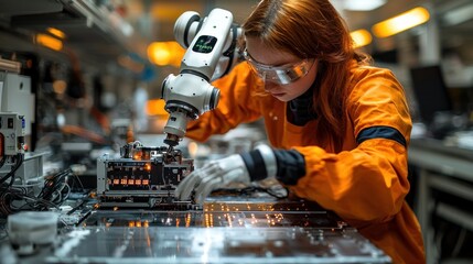 Female Technician and Industrial Robot Collaborating on Circuit Board Assembly