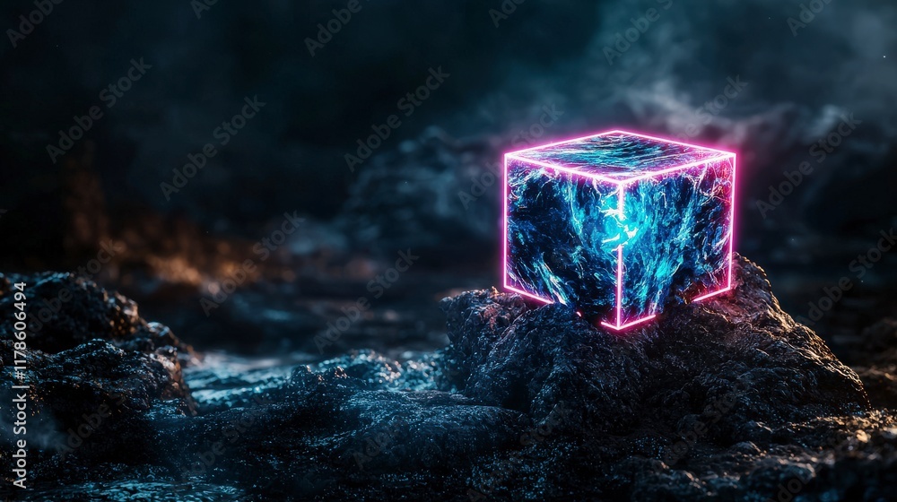 Aufkleber glowing neon cube in a dark environment digital art fantasy realm surreal viewpoint